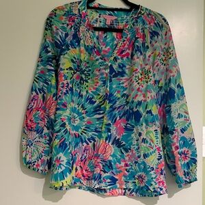 Lilly Pulitzer Vibrant Floral Blouse in Blue and Pink